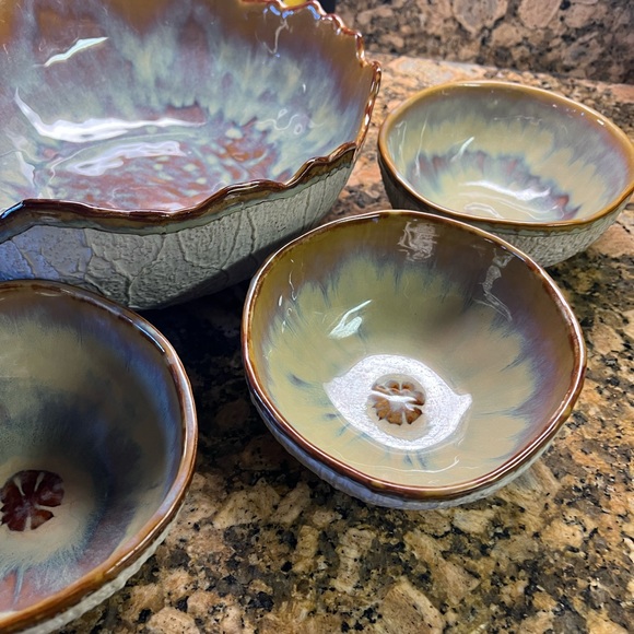 X4 glazed pottery, barn, gourd, salad bowl set Thailand, pottery barn turquoise - Picture 1 of 15